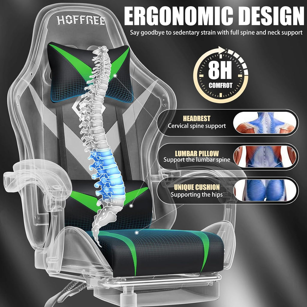 Gaming Chair with Massage Ergonomic Computer Chair with Footrest and Lumbar Support Reclining PC Game Chair for Boys with Adjustable Armrest and Headrest Green