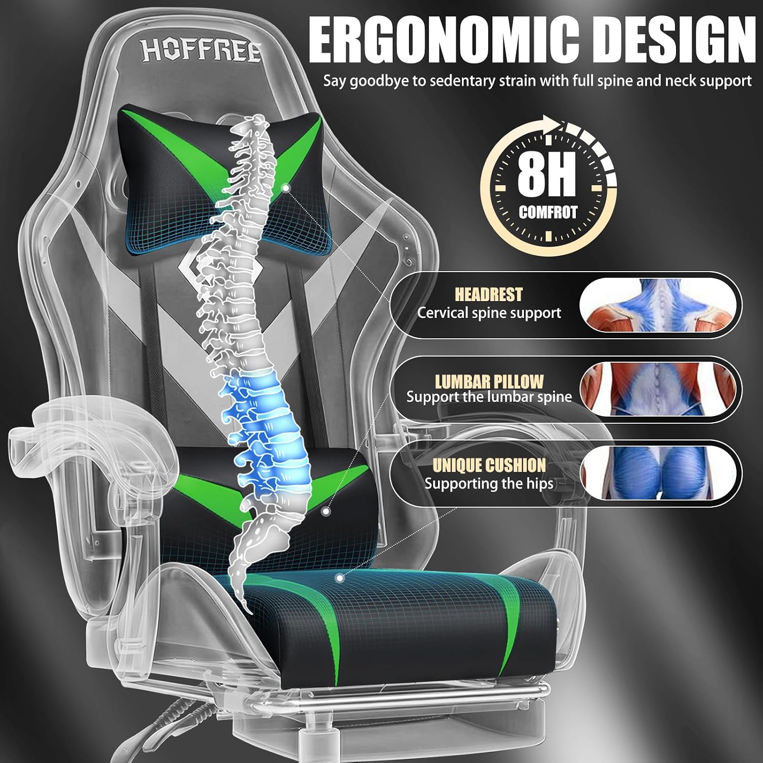 Gaming Chair with Massage Ergonomic Computer Chair with Footrest and Lumbar Support Reclining PC Game Chair for Boys with Adjustable Armrest and Headrest Green
