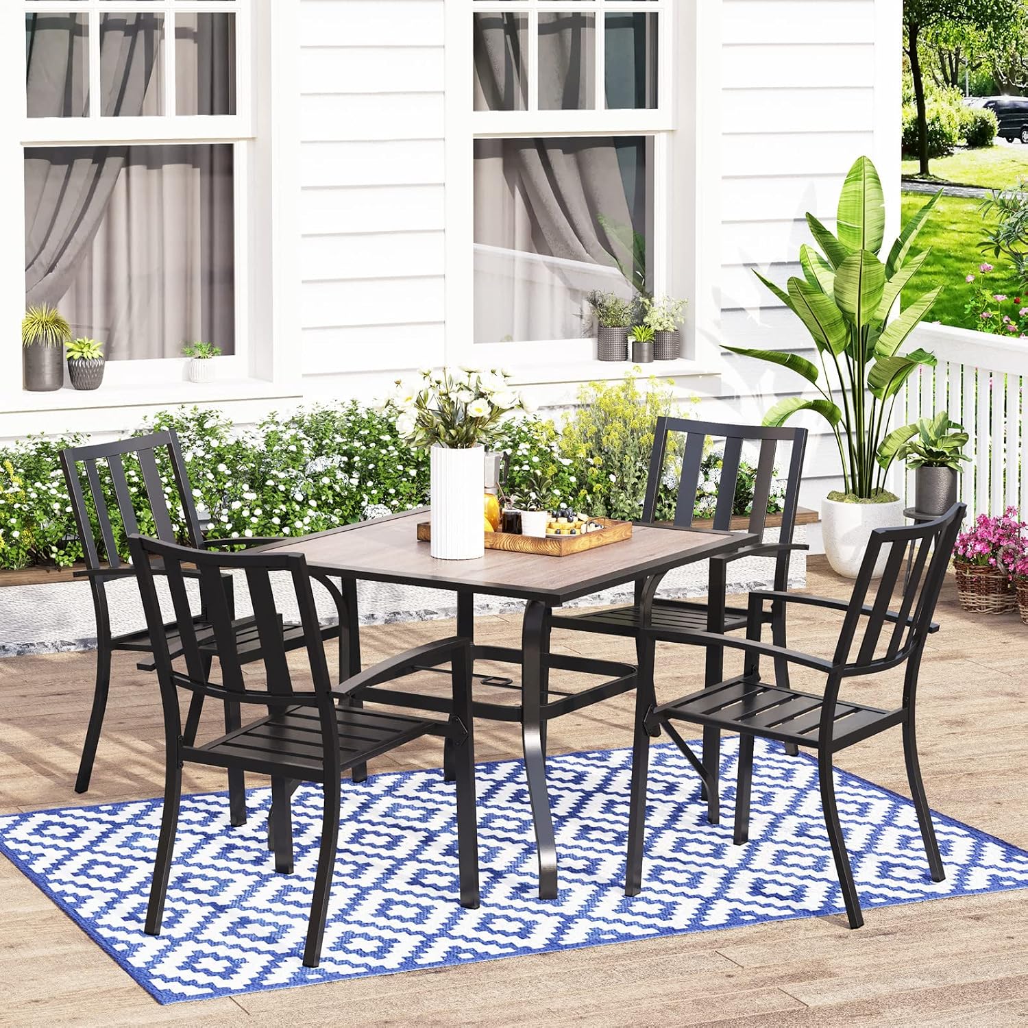 MFSTUDIO Outdoor Dining Set for 4, Patio Table and Chairs Set with Umbrella Hole, Metal Patio Dining Set for Deck/Backyard/Poolside/Garden