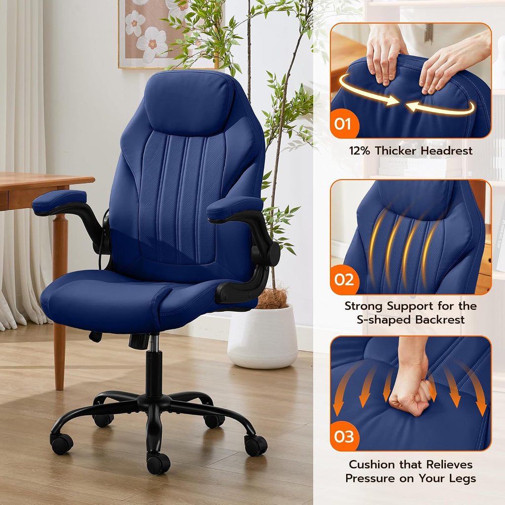 Ylzyxal Office Desk Chair, Ergonomic Computer Chair with Padded Flip-Up Arms and Adjustable Lumbar Support, PU Leather Executive Chair with Tilt Lock and 360° Swivel Rolling Wheels for Work, Study