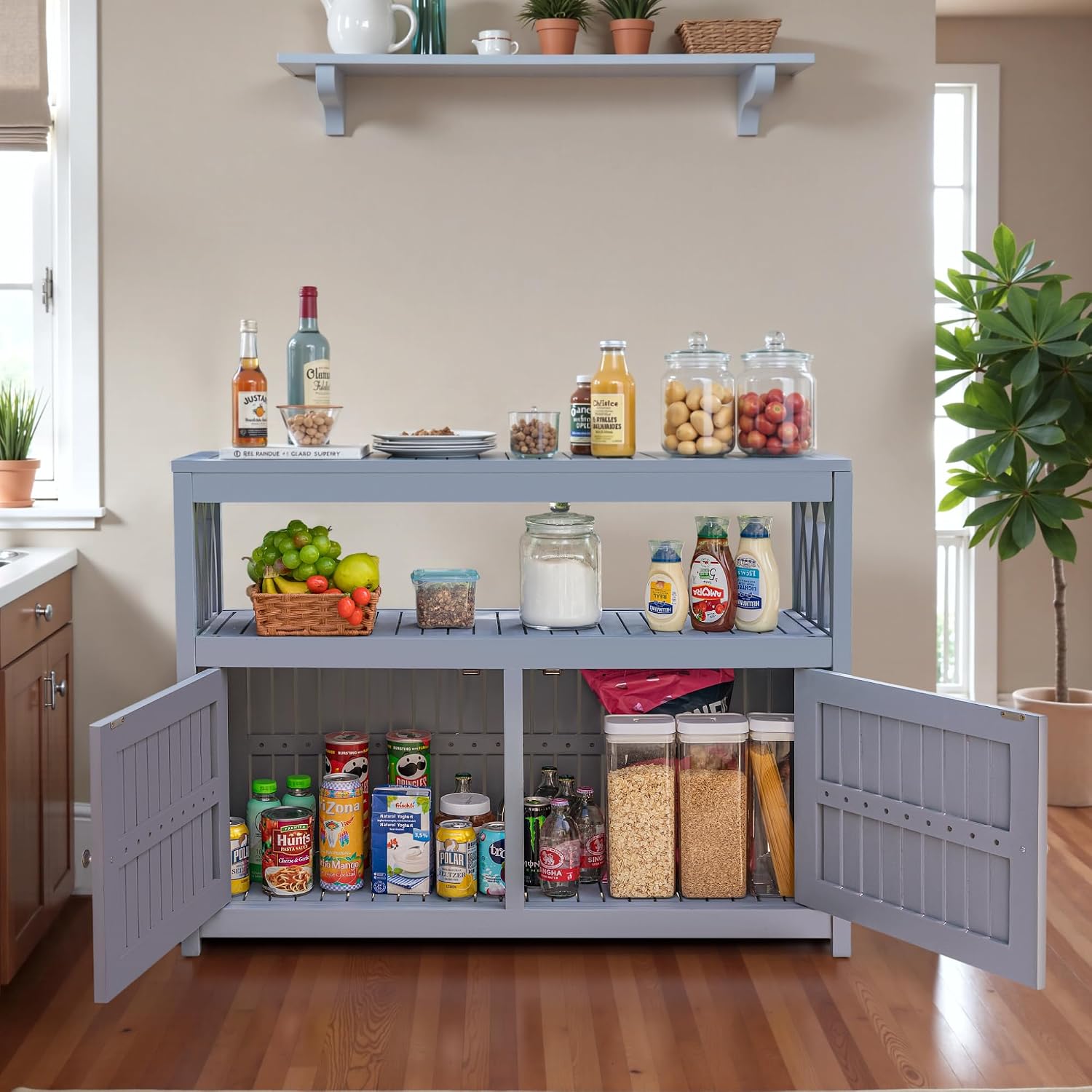 Devoko Acacia Wood Patio Cabinet with 2 Magnetic Doors and Shelve for Outdoor Storage, TV Stand, Potting Table (Gray)