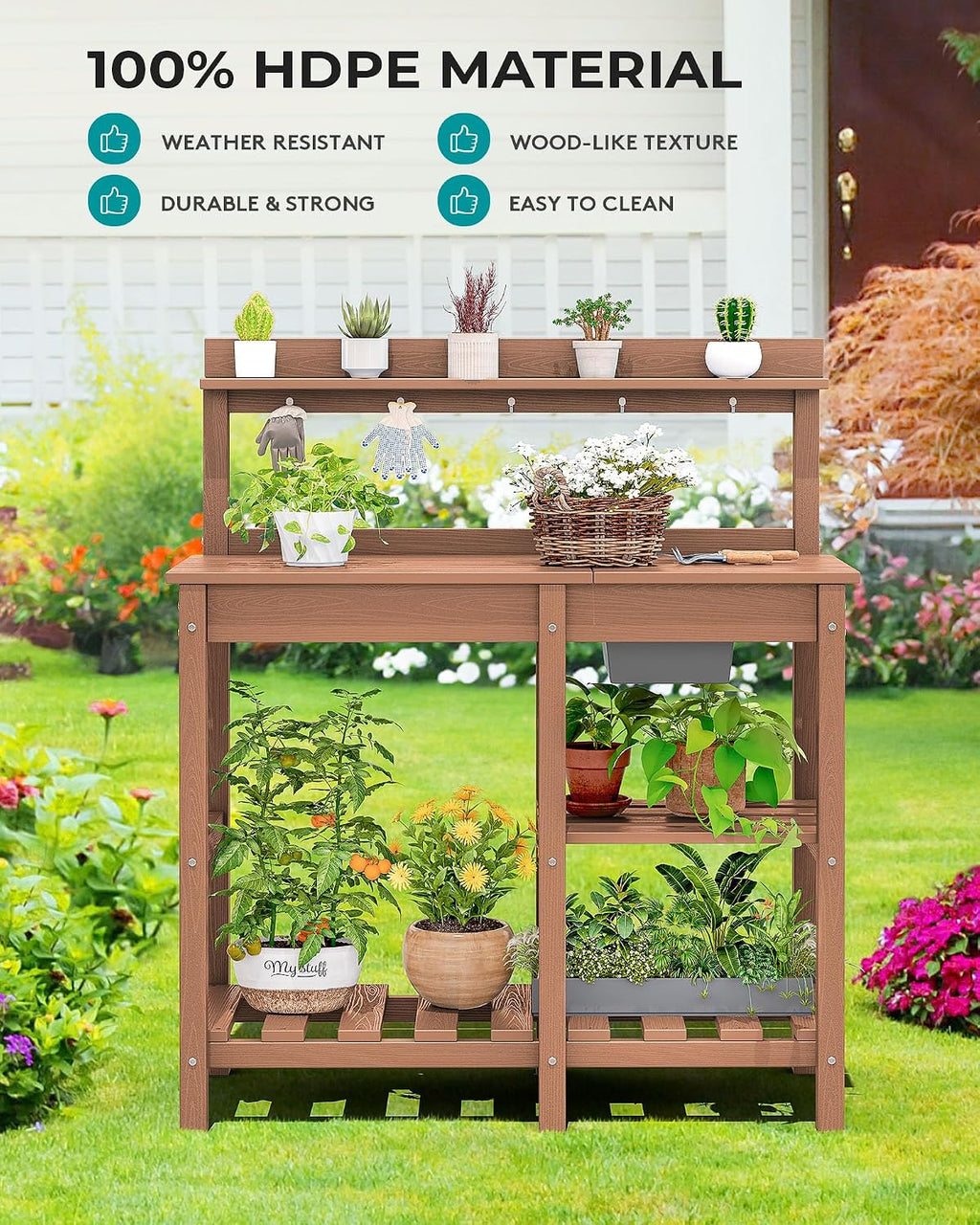SERWALL Outdoor Potting Bench with Removeable Sink,Rot-Resistant HDPE Potting Table for Outside Gardening, All Weather Use - Brown