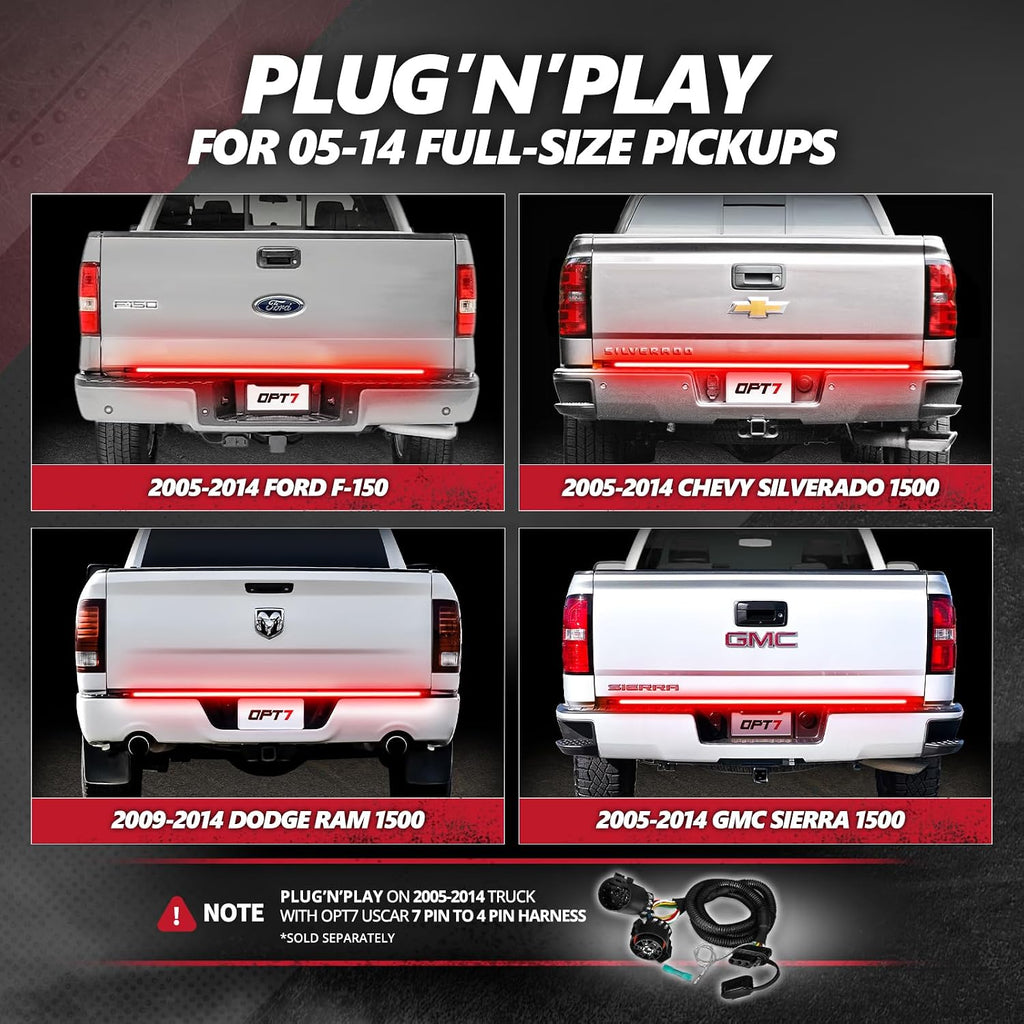 OPT7 Redline 60' Aluminum Truck Tailgate Light Bar w/Sequential Red Turn - Weatherproof Rigid 1-Piece Triple Row LED Strip - Dynamic Taillight w/White Reverse - Fits F150, Silverado, Sierra, Ram