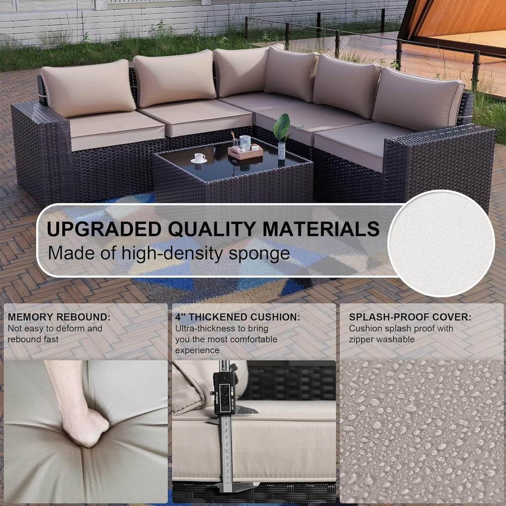 Kullavik Outdoor Patio Furniture Set 6 Pieces Sectional Rattan Sofa Set Brown PE Rattan Wicker Patio Conversation Set with 5 Seat Cushions and 1 Tempered Glass Table,Sand