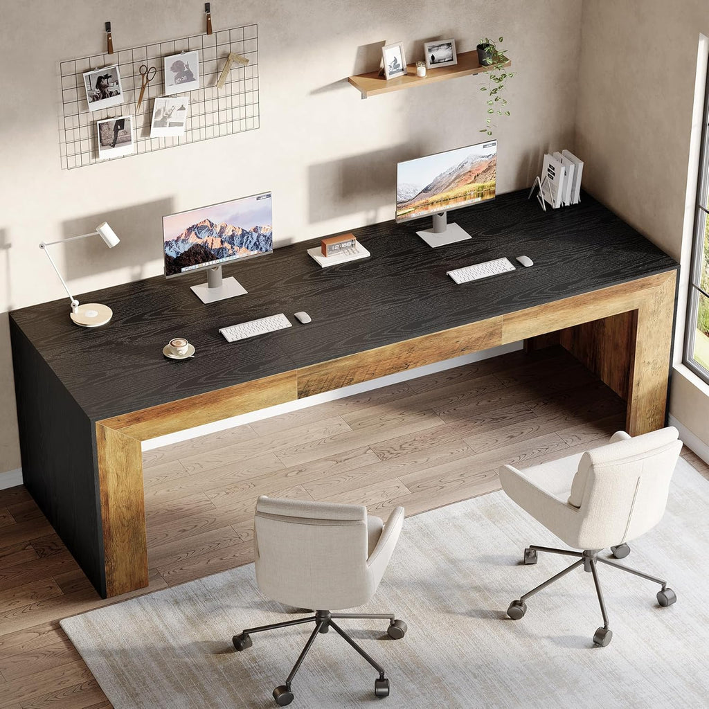 Tribesigns 78.7-Inch Long Computer Desk for 2 People, Farmhouse Executive Desk with Wooden Desktop and Legs, Large Workstations Writing Table Gaming Table for Home Office, Heavy Duty, Black + Brown