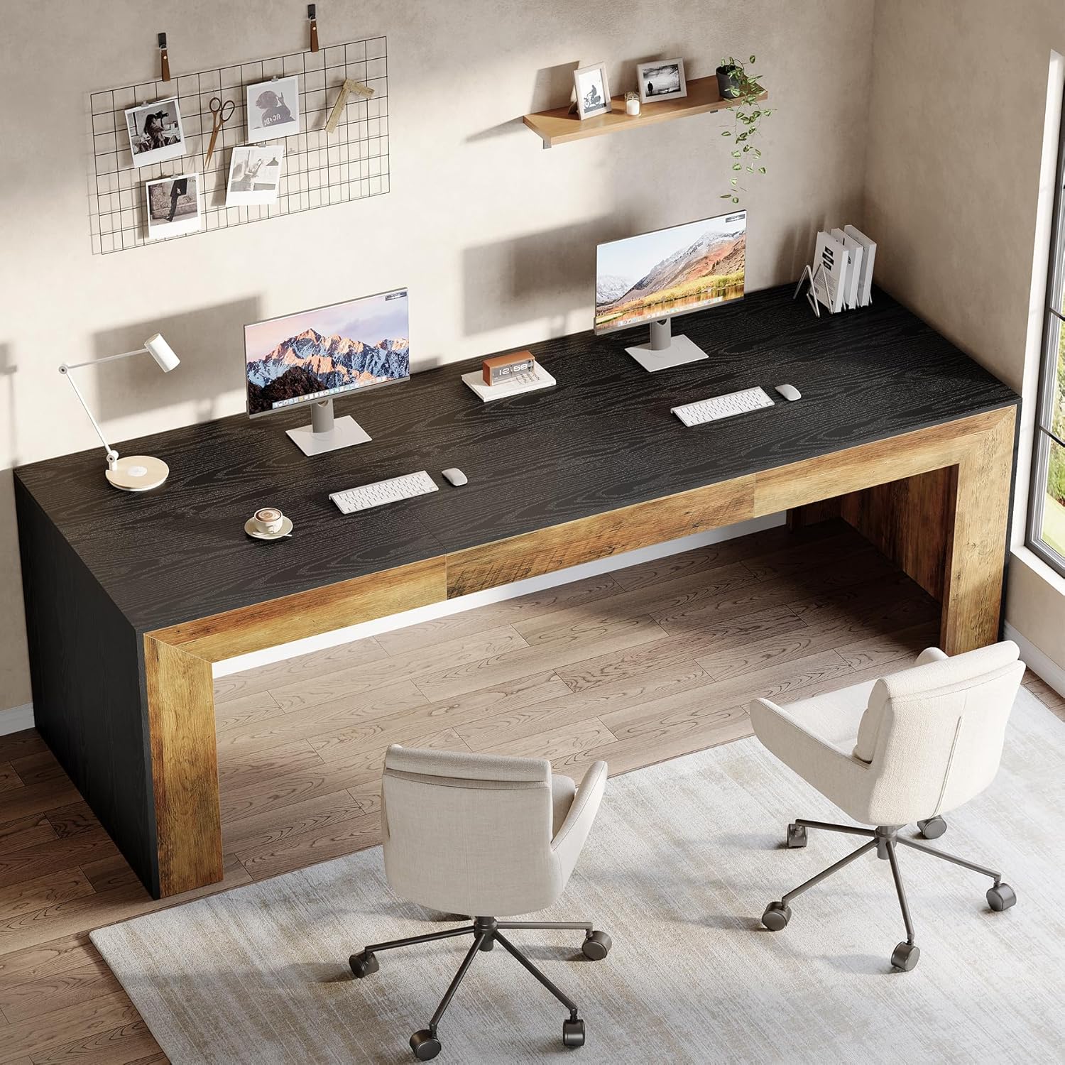 Tribesigns 78.7-Inch Long Computer Desk for 2 People, Farmhouse Executive Desk with Wooden Desktop and Legs, Large Workstations Writing Table Gaming Table for Home Office, Heavy Duty, Black + Brown