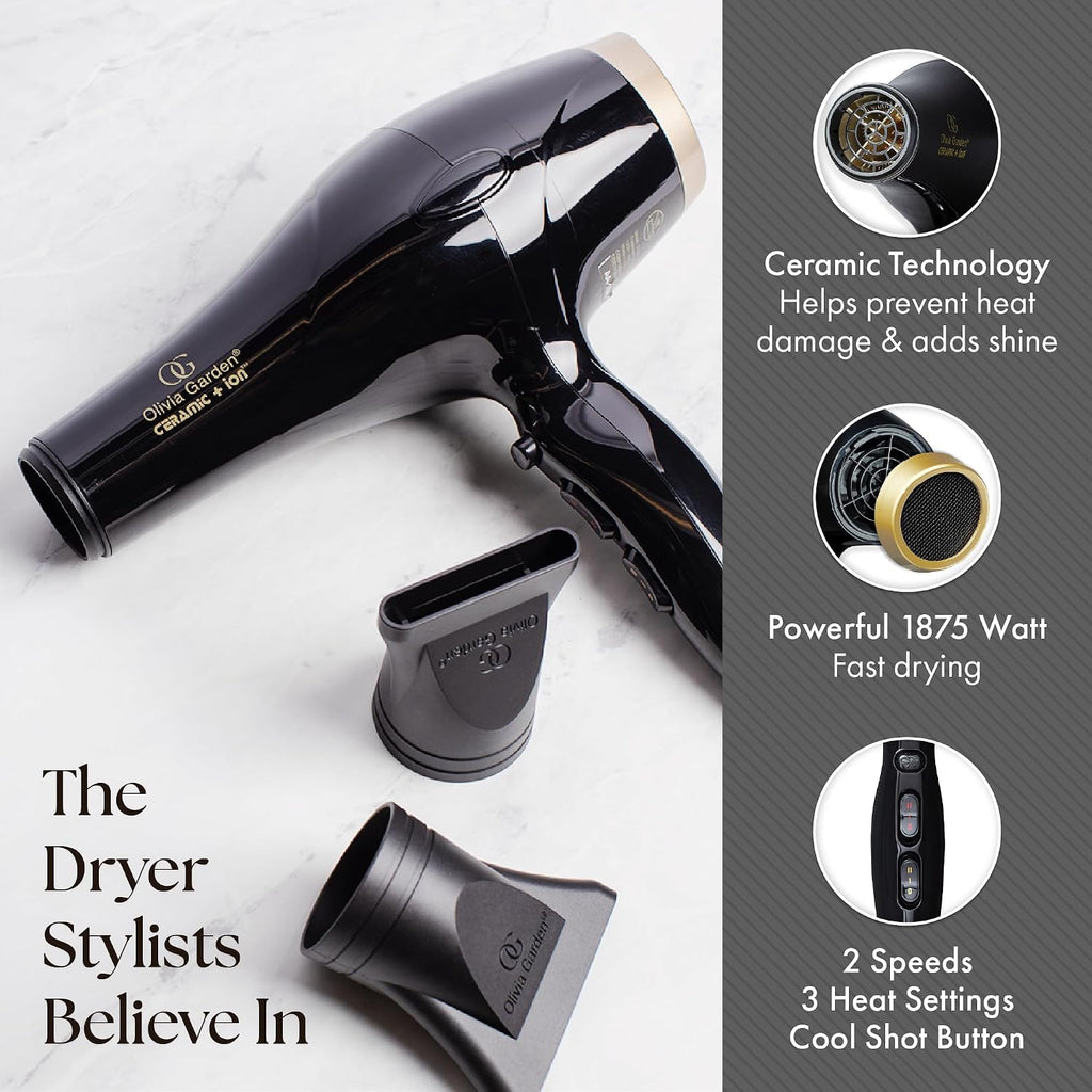 Olivia Garden 1875W Ceramic + Ion Professional Hair Dryer for Men and Women - Fast Drying Blow Dryer - Powerful Ionic Generator - 3 Heat Settings - With 2 Nozzles and Storage Bag