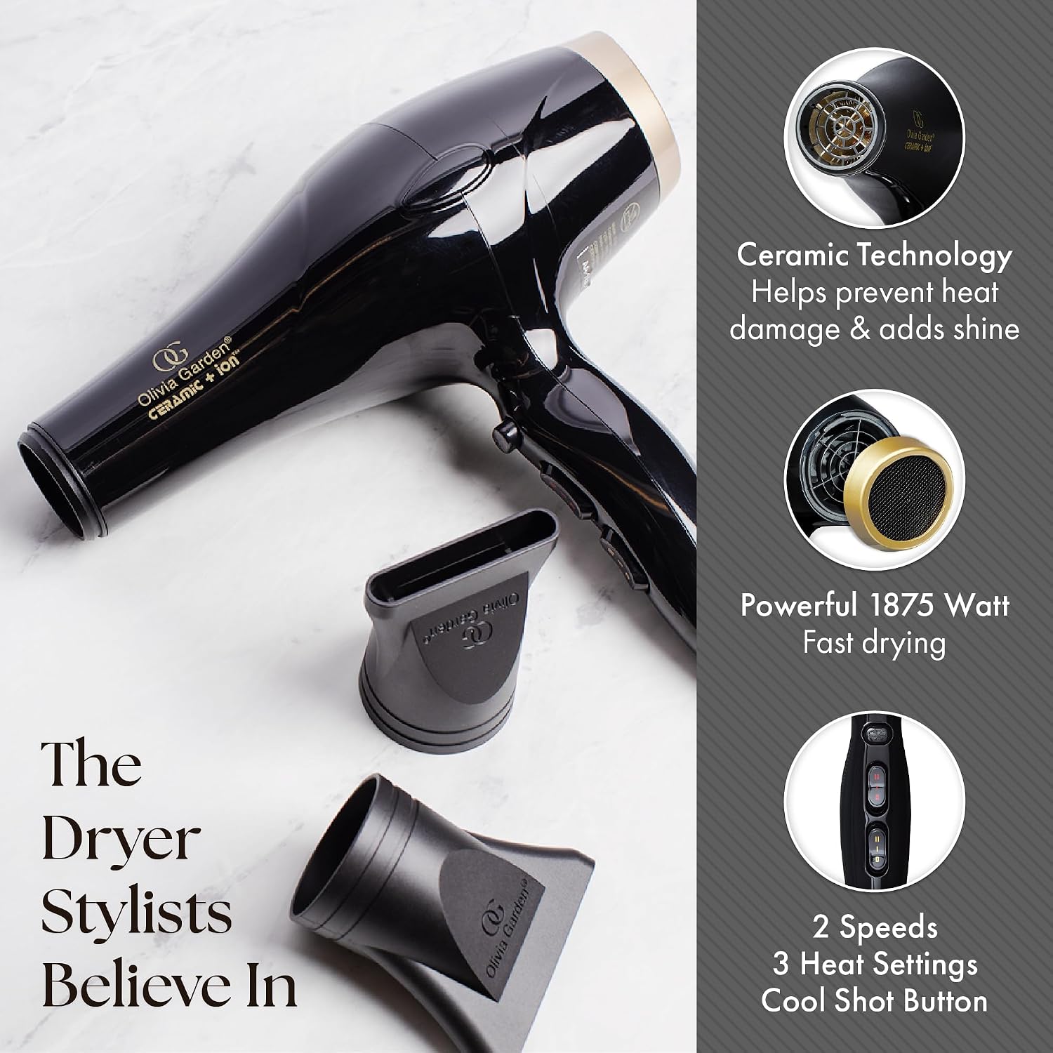 Olivia Garden 1875W Ceramic + Ion Professional Hair Dryer for Men and Women - Fast Drying Blow Dryer - Powerful Ionic Generator - 3 Heat Settings - With 2 Nozzles and Storage Bag