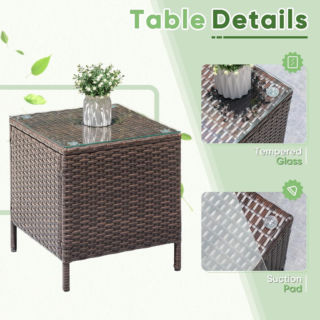 Greesum 3 Pieces Patio Dining PE Rattan Wicker Chair Furniture Set with Cushion and Glass Coffee Table for Outdoor Garden Backyard Poolside, Brown and Blue