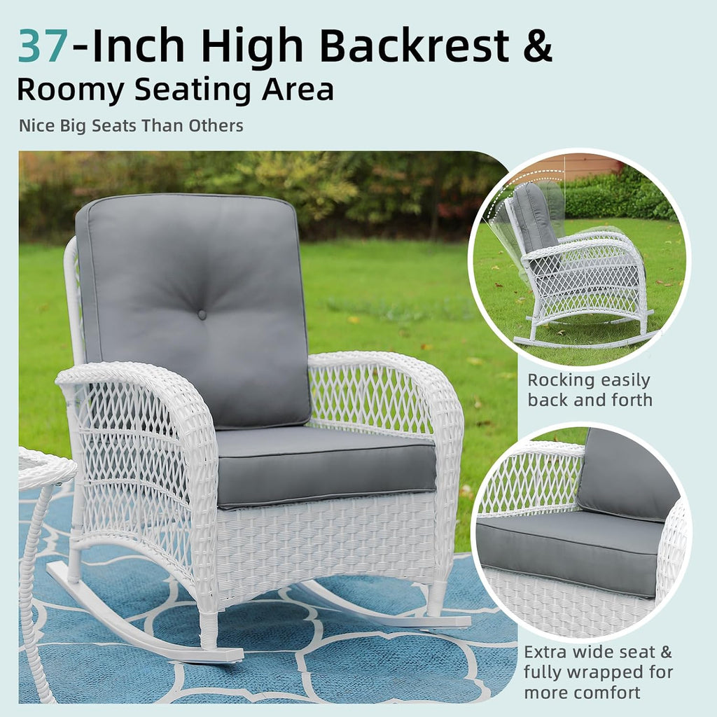 MEETWARM 4 Pieces Outdoor Wicker Patio Conversation Sets with Glider Loveseat, 2 Chairs with Coffee Table Wicker Rocking Chair Set, Patio Furniture Set with Thickened Cushions, White/Grey