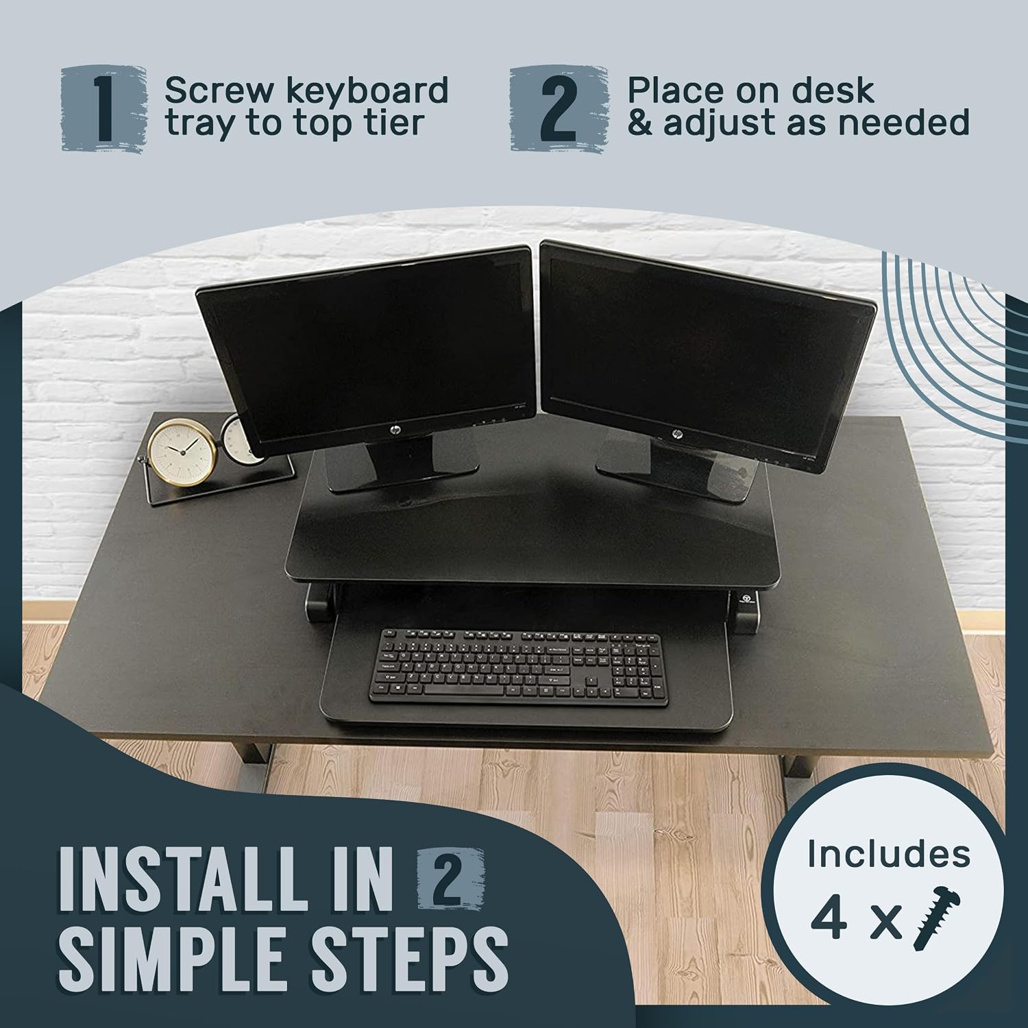 TechOrbits Standing Desk Converter - 32 Inch Adjustable Sit to Stand Up Workstation, Particle Board, Dual Monitor Desktop Riser with Keyboard Tray, for Home Office Laptop, Black 32'
