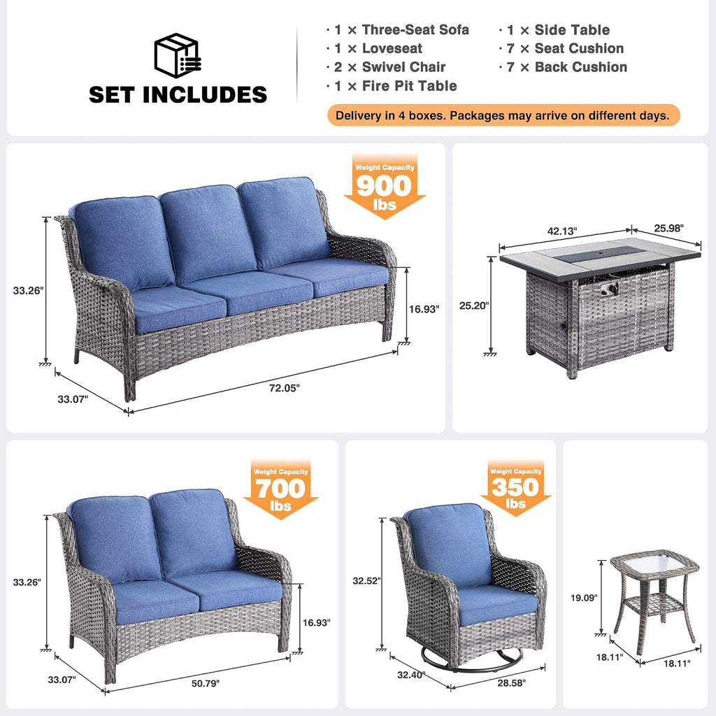 ovios 6 Pieces Patio Furniture Set with 42 inch Fire Pit Table, Outdoor Wicker Sofa Couch Loveseat, Swivel Rocking Glider Chairs, Modern Conversation Set, Grey Rattan, Denim Blue