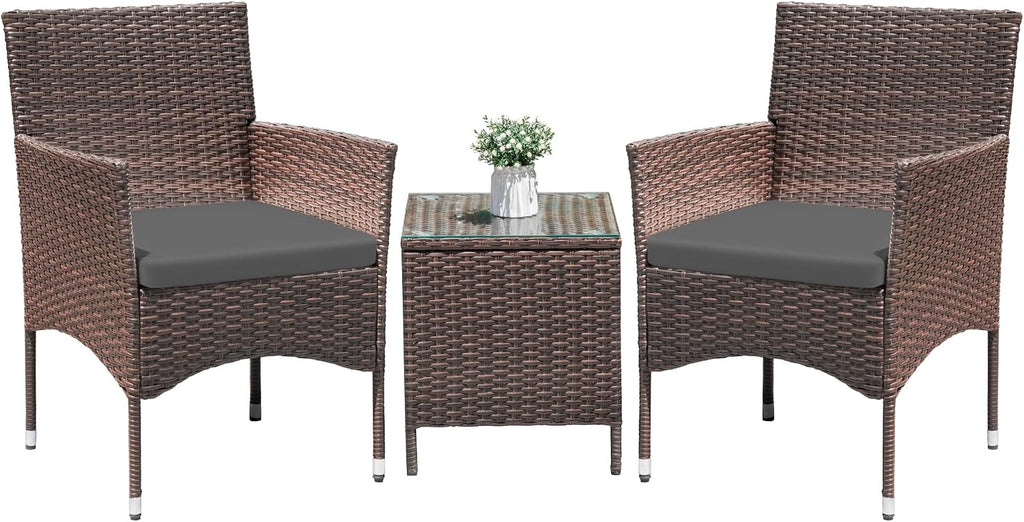 Greesum 3 Pieces Patio Dining PE Rattan Wicker Chair Furniture Set with Cushion and Glass Coffee Table for Outdoor Garden Backyard Poolside, Brown and Grey