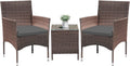 Greesum 3 Pieces Patio Dining PE Rattan Wicker Chair Furniture Set with Cushion and Glass Coffee Table for Outdoor Garden Backyard Poolside, Brown and Grey