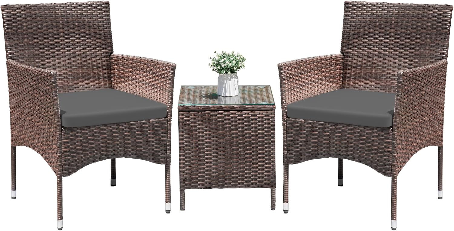 Greesum 3 Pieces Patio Dining PE Rattan Wicker Chair Furniture Set with Cushion and Glass Coffee Table for Outdoor Garden Backyard Poolside, Brown and Grey