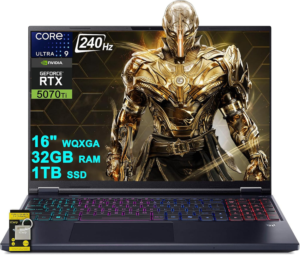acer Predator Helios Neo 16S AI Gaming Laptop 16' 2560x1600 OLED 240Hz (100% DCI-P3) Intel 24-core Ultra 9 275HX 32GB RAM 1TB SSD GeForce RTX 5070 Ti DLSS4 (Up to 992 AI Tops) Win11 ICP Hub