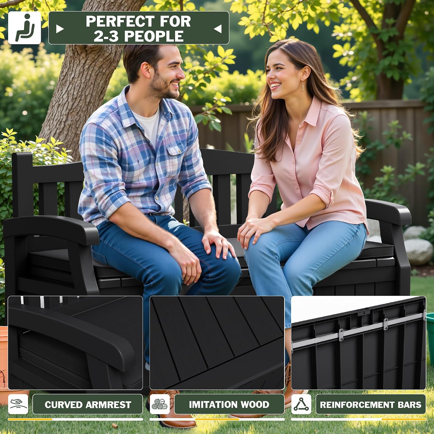 Flamaker 80 Gallon Storage Bench with Cushions Outdoor Indoor, Durable All-Weather Seating with Hidden Storage, Lockable Deck Box for Garden, Patio, Poolside (Black)