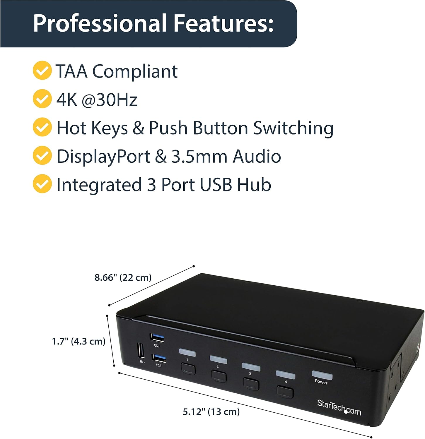 StarTech.com 4 Port DisplayPort KVM Switch - DP KVM Switch with Audio and Built-in USB 3.0 Hub for Peripherals - 4K 30Hz, TAA (SV431DPU3A2)