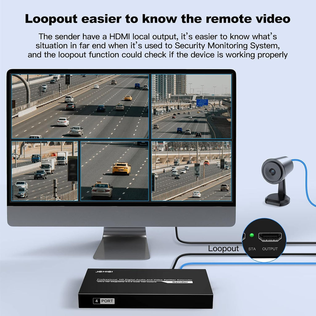 HDMI Extender Splitter 1 x 4, JCHICI 4K@30Hz 100M(328fts) HDMI Splitter with Loopout and EDID Copy Function, Lossless Transmission and Zero Latency, Support 3D