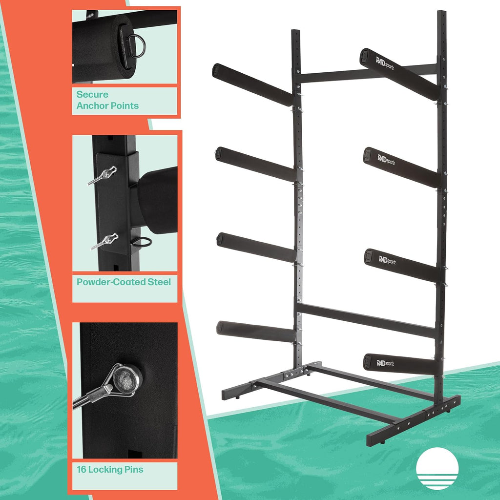 RAD Sportz Freestanding Kayak Storage Rack – Heavy Duty Adjustable Multi-Level Stand with Padded Arms for Kayaks, Canoes & Paddleboards (2, 3 or 4 Tier, Indoor/Outdoor Garage Organizer)