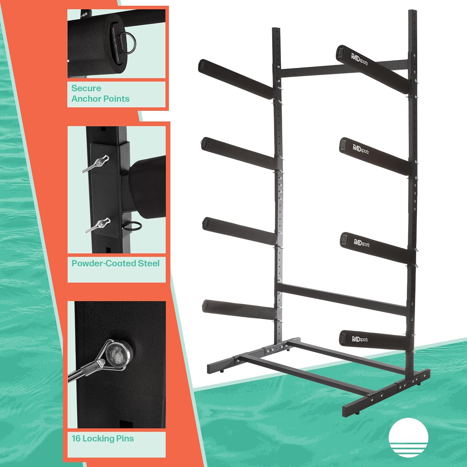RAD Sportz Freestanding Kayak Storage Rack – Heavy Duty Adjustable Multi-Level Stand with Padded Arms for Kayaks, Canoes & Paddleboards (2, 3 or 4 Tier, Indoor/Outdoor Garage Organizer)