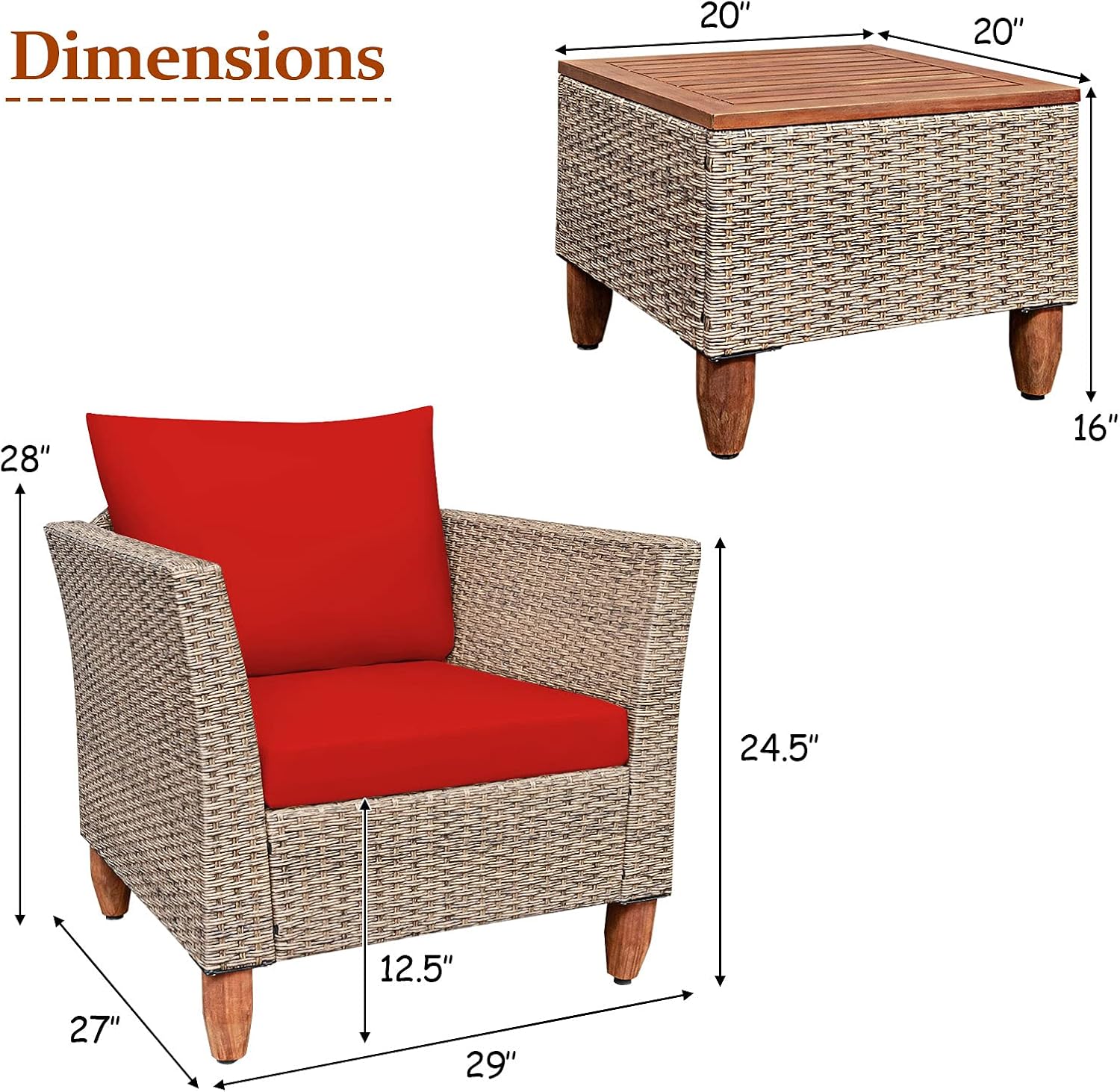 Tangkula 3 Piece Patio Furniture Set, Outdoor Wicker Rattan Bistro Sofa Set w/Washable Cushion, Acacia Wood Top Coffee Table, Conversation Set w/Adjustable Feet for Balcony Backyard Porch (Red)