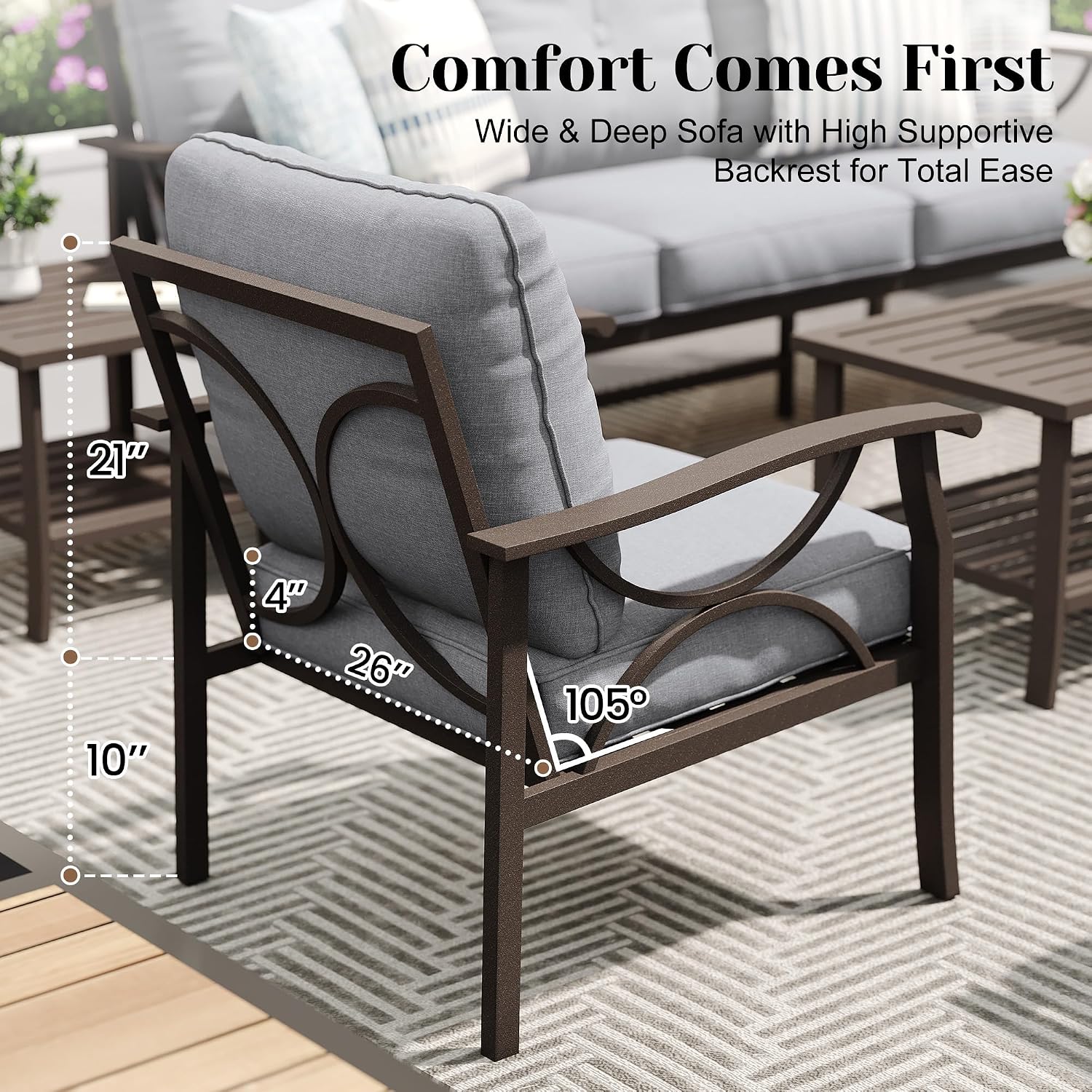 FansaFurn 4-Piece Outdoor Patio Furniture Set, Outdoor Metal Sectional Furniture with Cushions, Outdoor Conversation Seating Set with Coffee Table for Deck, Backyard, Garden, Balcony, Grey
