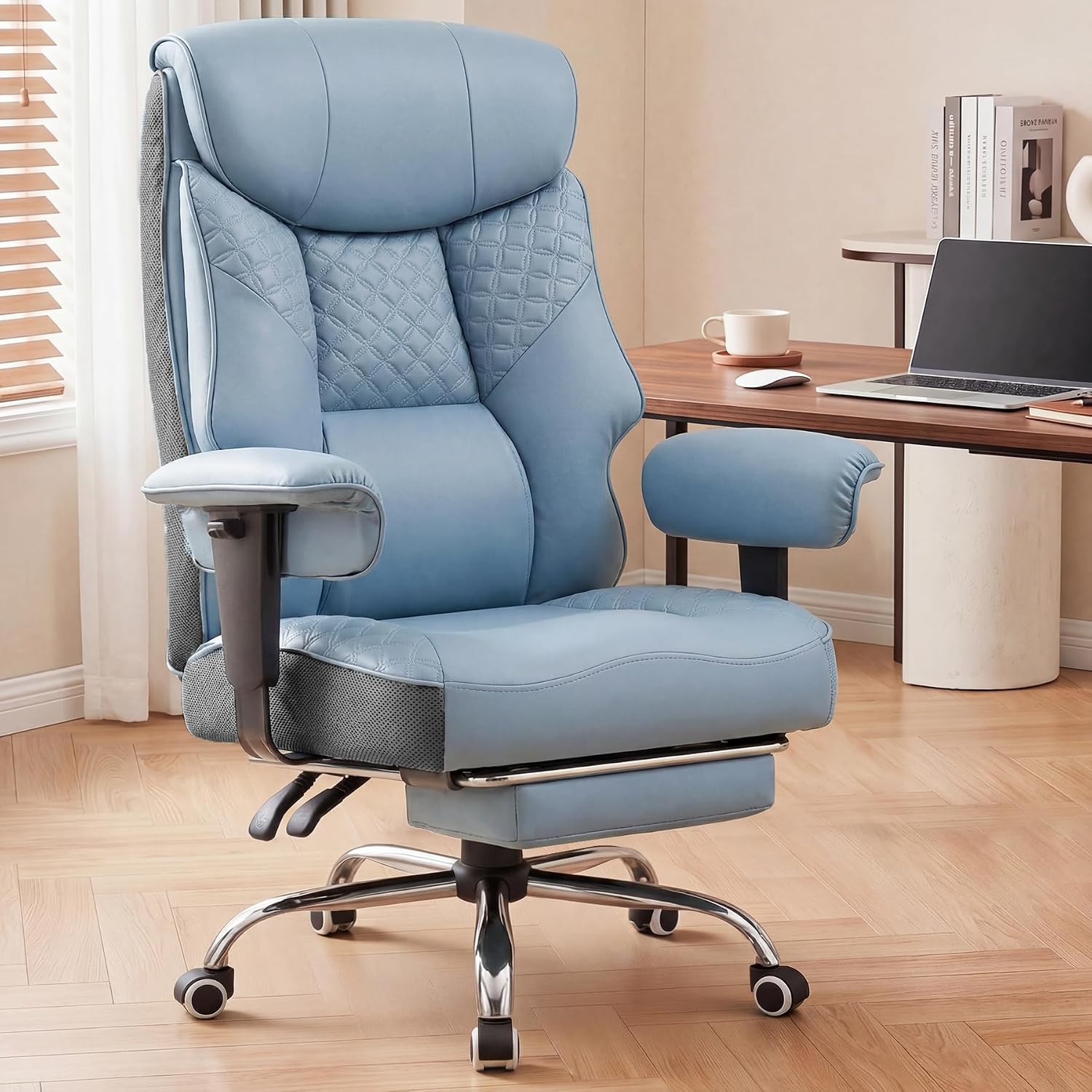 GTPLAYER Big and Tall Office Chair, High Back Computer Gaming Chair with Ergonomic Lumbar Support &Pocket Spring Cushion for Lower Back Pain Relief, Leather Executive Chair with Foot Rest, Blue