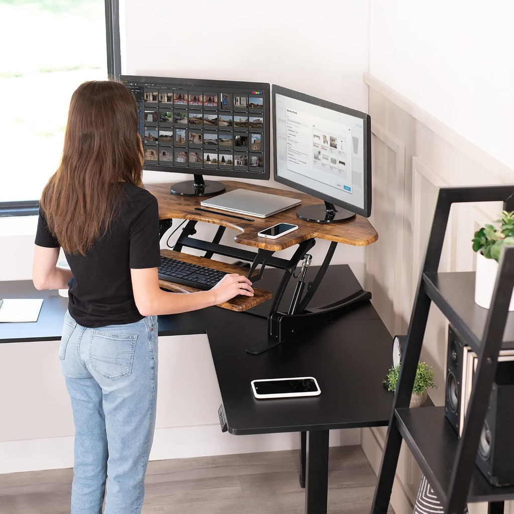 VIVO 43 inch Corner Height Adjustable Cubicle Stand Up Desk Converter, V Series, Quick Sit to Stand Tabletop Dual Monitor Riser Workstation, Rustic Vintage Brown, DESK-V000VCN