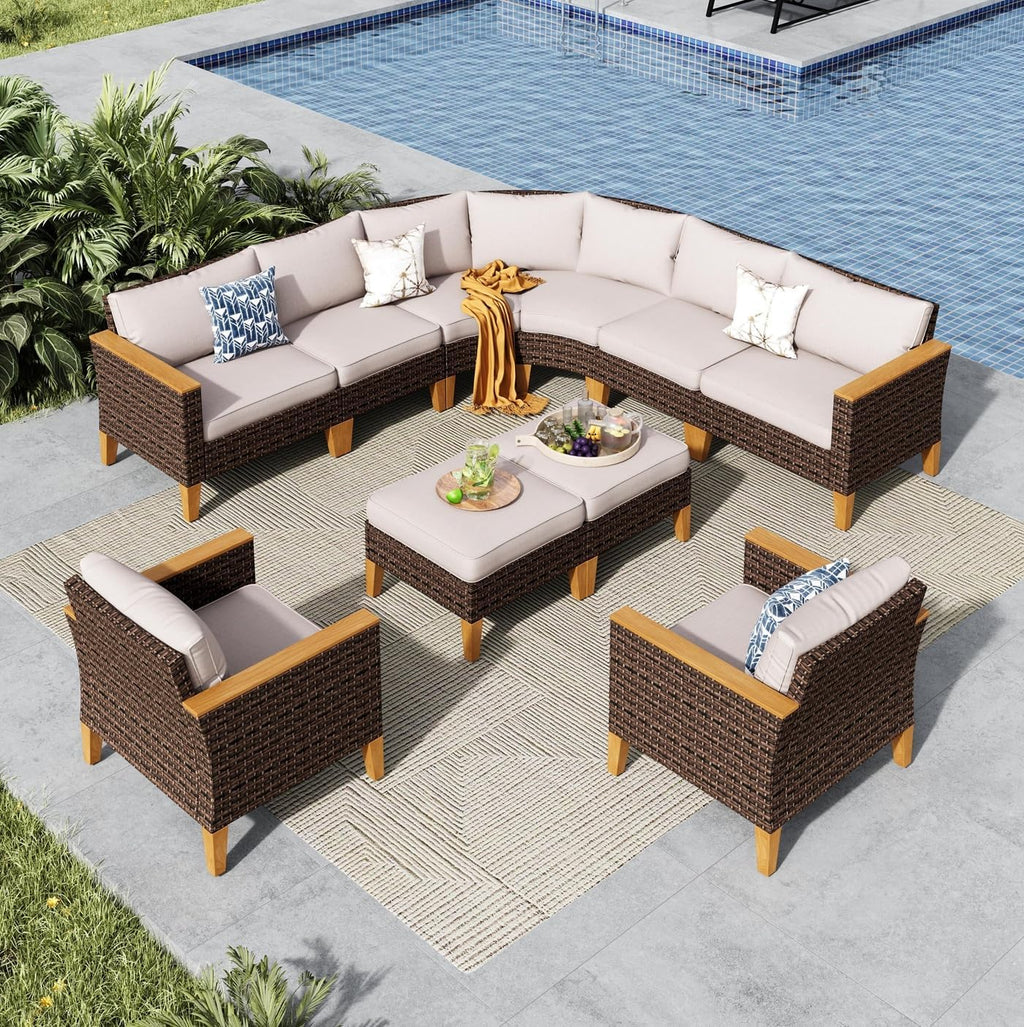MFSTUDIO 10 Pieces Wicker Patio Furniture Set, All-Weather Extra Large Rattan Half-Moon Curved Sectional Sofas Outdoor Conversation Sets for Garden, Backyard(Beige Cushion)