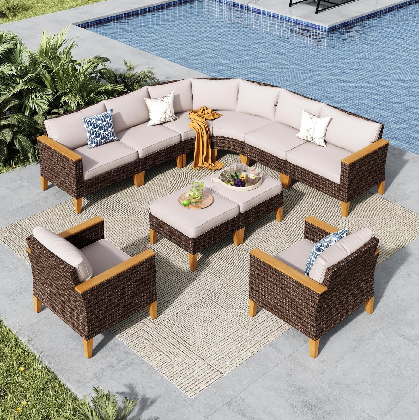 MFSTUDIO 10 Pieces Wicker Patio Furniture Set, All-Weather Extra Large Rattan Half-Moon Curved Sectional Sofas Outdoor Conversation Sets for Garden, Backyard(Beige Cushion)