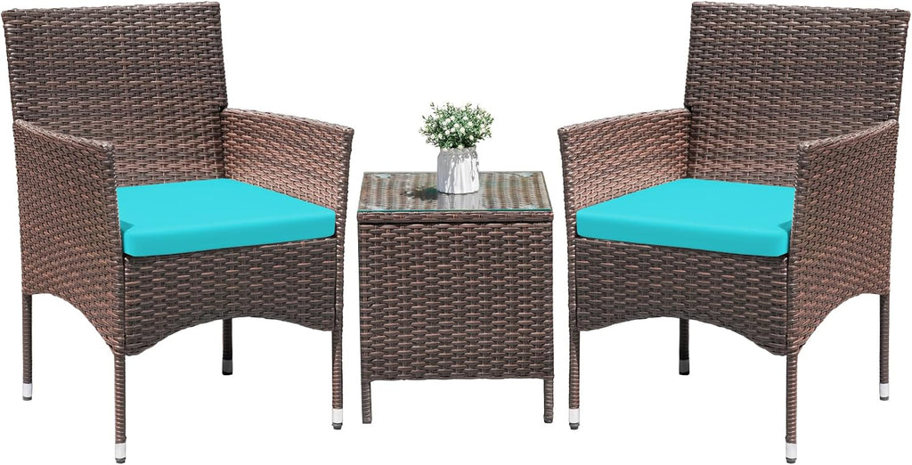 Greesum 3 Pieces Patio Dining PE Rattan Wicker Chair Furniture Set with Cushion and Glass Coffee Table for Outdoor Garden Backyard Poolside, Brown and Blue