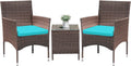 Greesum 3 Pieces Patio Dining PE Rattan Wicker Chair Furniture Set with Cushion and Glass Coffee Table for Outdoor Garden Backyard Poolside, Brown and Blue