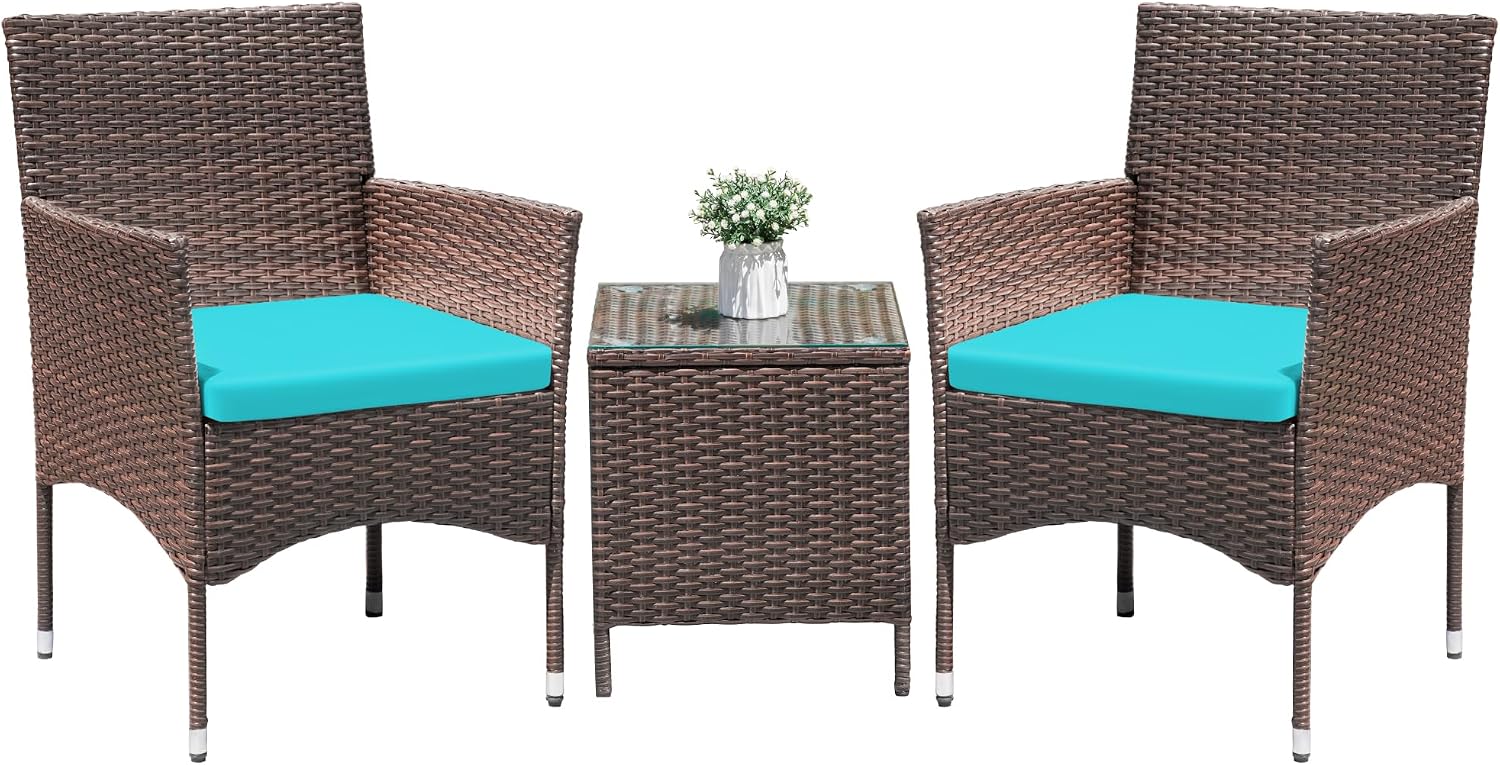 Greesum 3 Pieces Patio Dining PE Rattan Wicker Chair Furniture Set with Cushion and Glass Coffee Table for Outdoor Garden Backyard Poolside, Brown and Blue