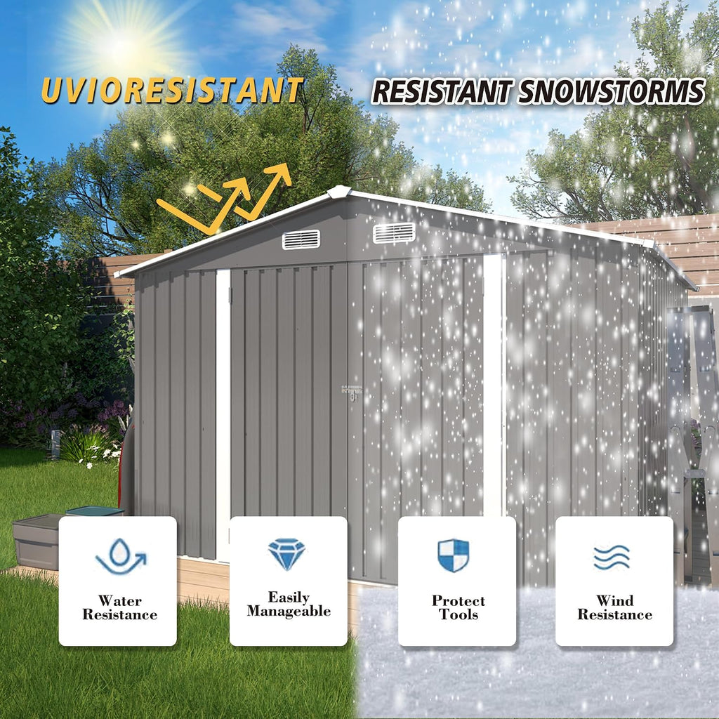 10x8x6.4FT Outdoor Storage Shed, Galvanized Steel Garden Shed with Lockable Door & Window, Waterproof Metal Tool Storage for Garden, Backyard, Patio, Lawn(Grey)