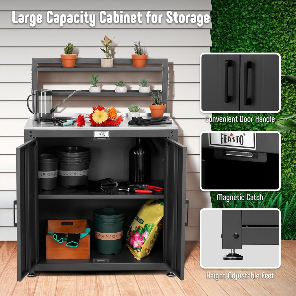 Feasto Garden Potting Bench with Storage Cabinet,Outdoor Gardening Table & Work Bench for Plants, Horticulture,Outdoor Workstation with Stainless Steel Tabletop,Outdoor Work Table with Elevated Rack
