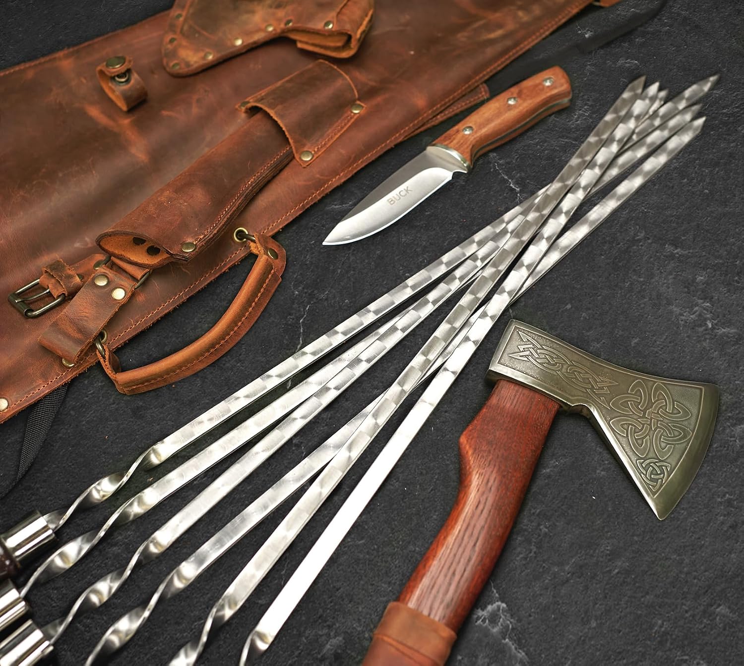Grilling Supplies for BBQ - Outdoor Skewers Set for BBQ - Premium Barbecue Skewers Tool Sets Grill Utensils - Outdoor Grilling Set - Grill Skewers Set with Leather Case Chieftain