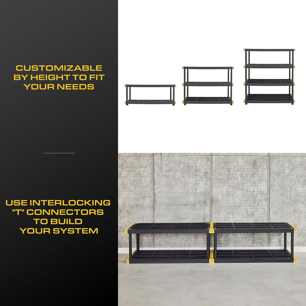 CX Black & Yellow, 4-Tier Heavy Duty Plastic Storage Shelves that Support up to 200lbs/shelf, Organization and Storage, Weather-Resistant Design, Easy Assembly (55'H x 48'W x 20'D)