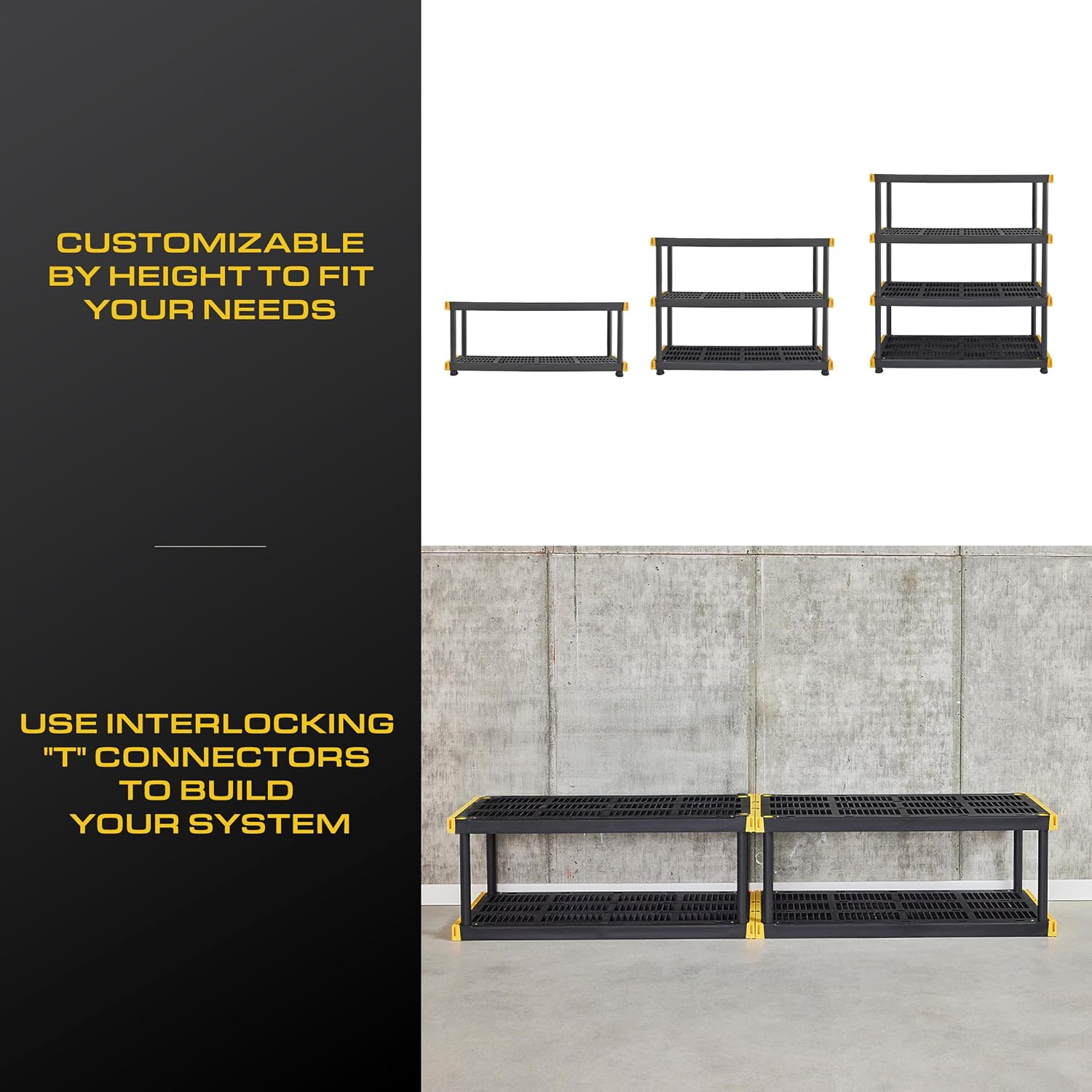 CX Black & Yellow, 4-Tier Heavy Duty Plastic Storage Shelves that Support up to 200lbs/shelf, Organization and Storage, Weather-Resistant Design, Easy Assembly (55'H x 48'W x 20'D)