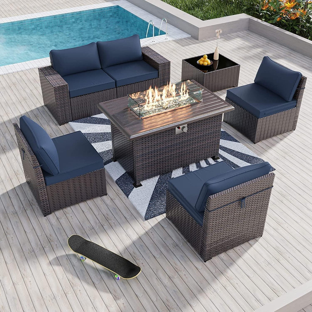 Kullavik 7 Pieces Outdoor Patio Furniture Set with 43' 55000BTU Gas Propane Fire Pit Table PE Wicker Rattan Sectional Sofa Patio Conversation Sets,Navy Blue