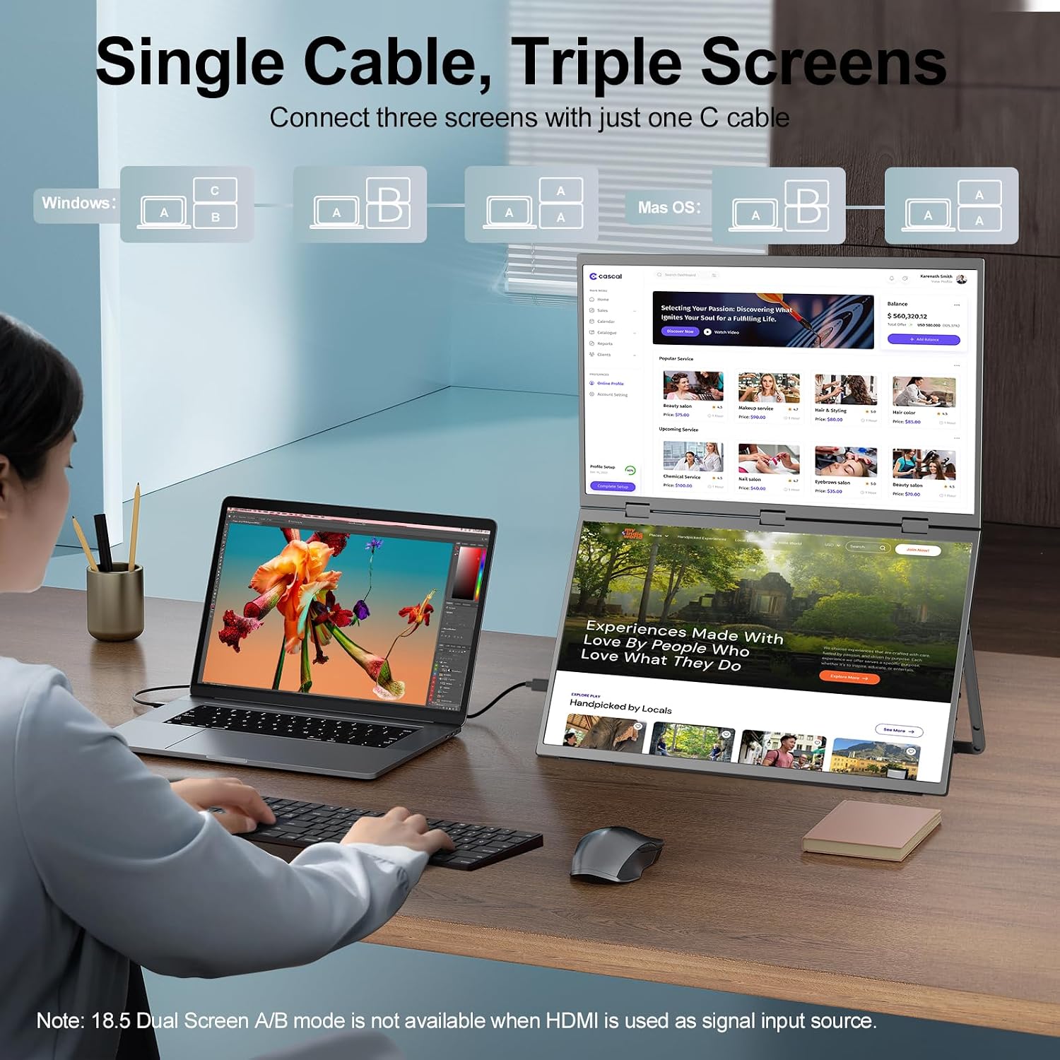 Dual Portable Monitor, 18.5' 1080P FHD IPS Folding Stacked Triple Laptop Screen Extender, USB-C Plug & Play Travel Extended Computer Display for Laptop PC Windows Mac w/Stand & VESA Mountable