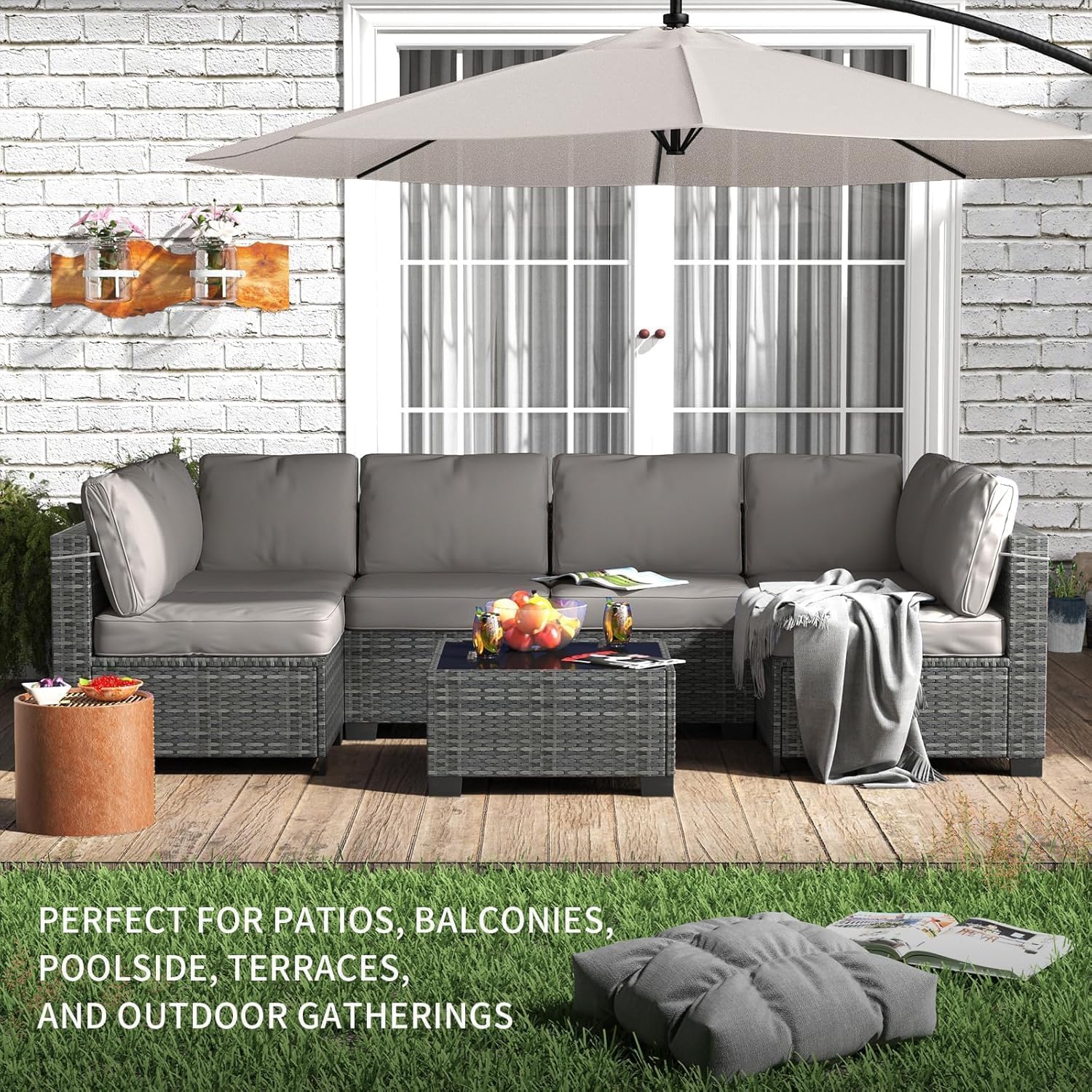 GarveeLife 7 Pieces Patio Furniture Set, Rattan Sectional Patio Sofa Set with 4 Sofas and One Coffee Table, Modular Outdoor Conversation Sofa Set for Garden, Backyard, Porch, Grey