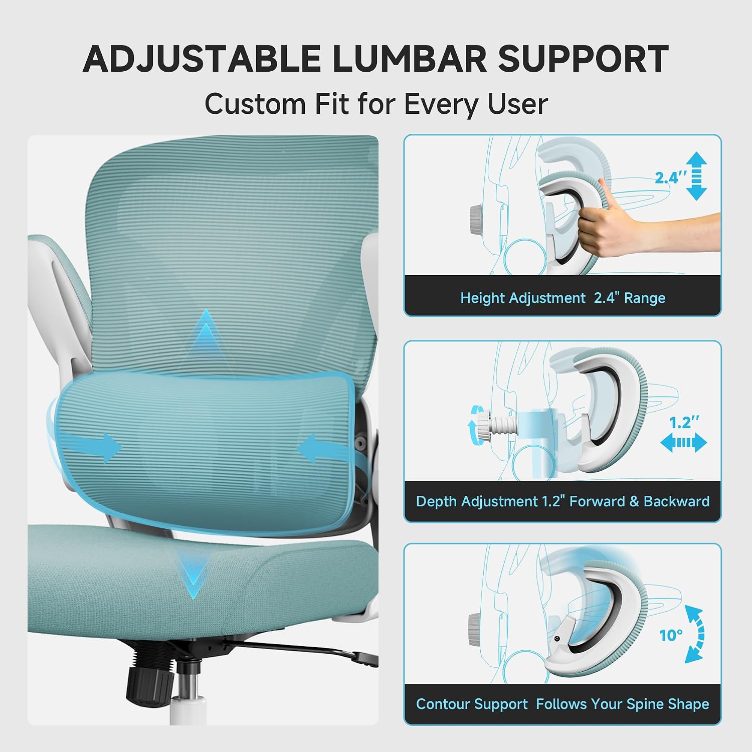 Ergonomic Office Chair, 330LBS Desk Chair with 3-Level Lumbar Support & Headrest, Breathable Mesh Backrest, Flip-Up Armrests for Home Office and Gaming, Blue