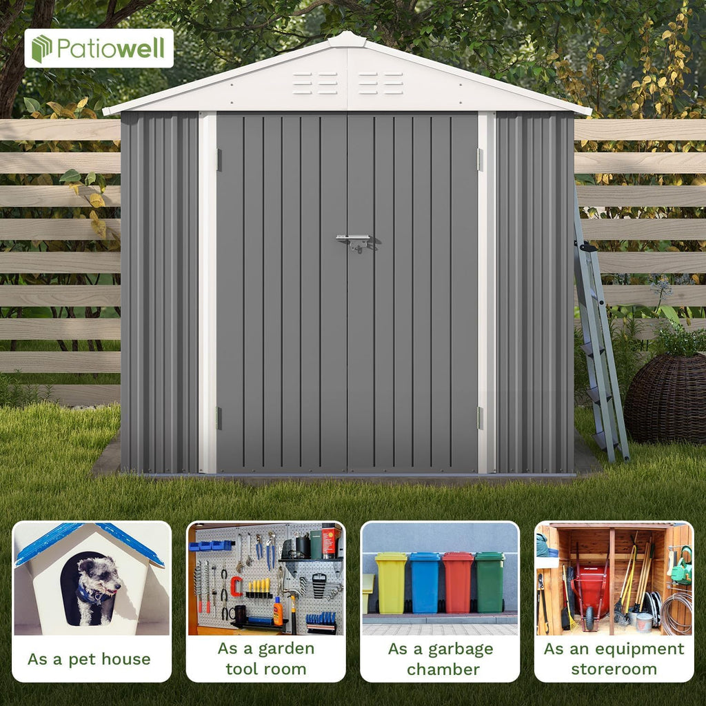 Patiowell 8x6 FT Outdoor Storage Shed, Garden Storage Shed with Sloping Roof and Double Lockable Door, Outdoor Sheds for Backyard Garden Patio Lawn, Gray