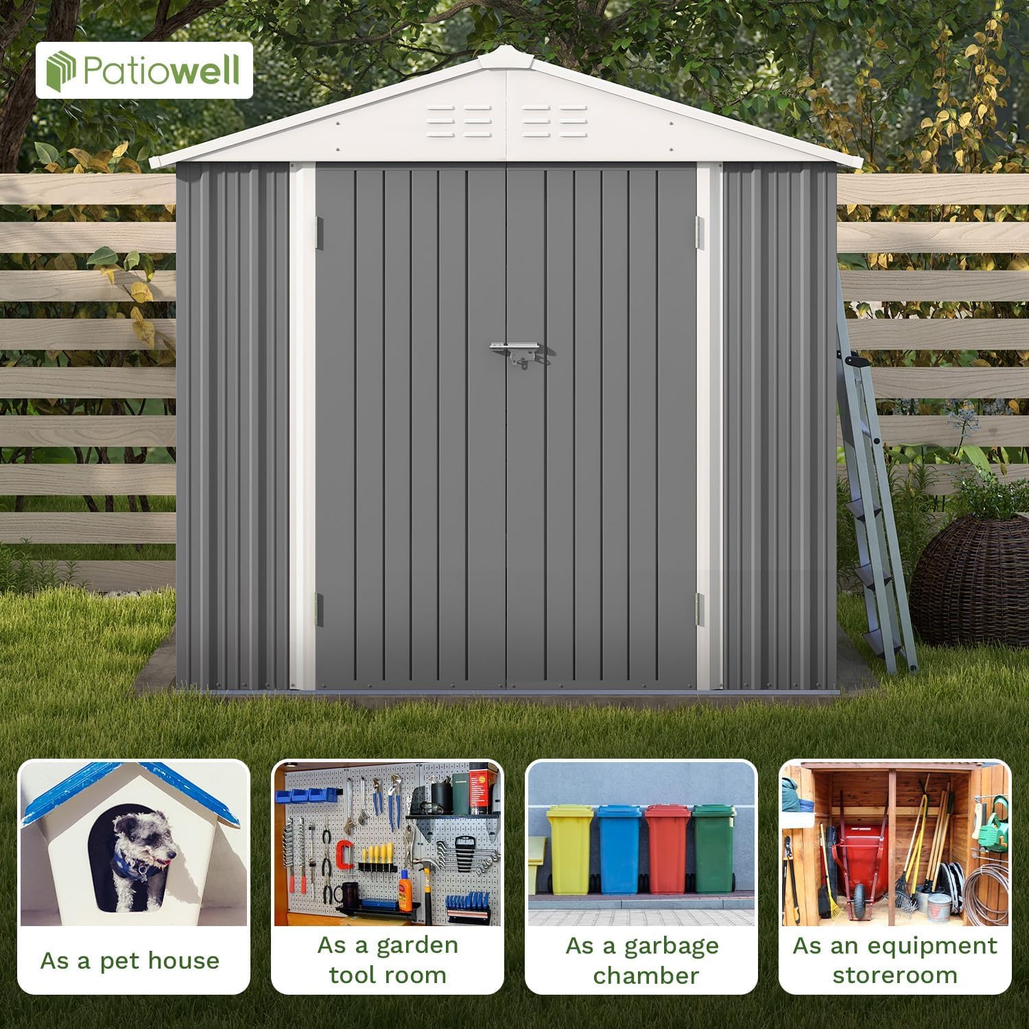 Patiowell 8x6 FT Outdoor Storage Shed, Garden Storage Shed with Sloping Roof and Double Lockable Door, Outdoor Sheds for Backyard Garden Patio Lawn, Gray