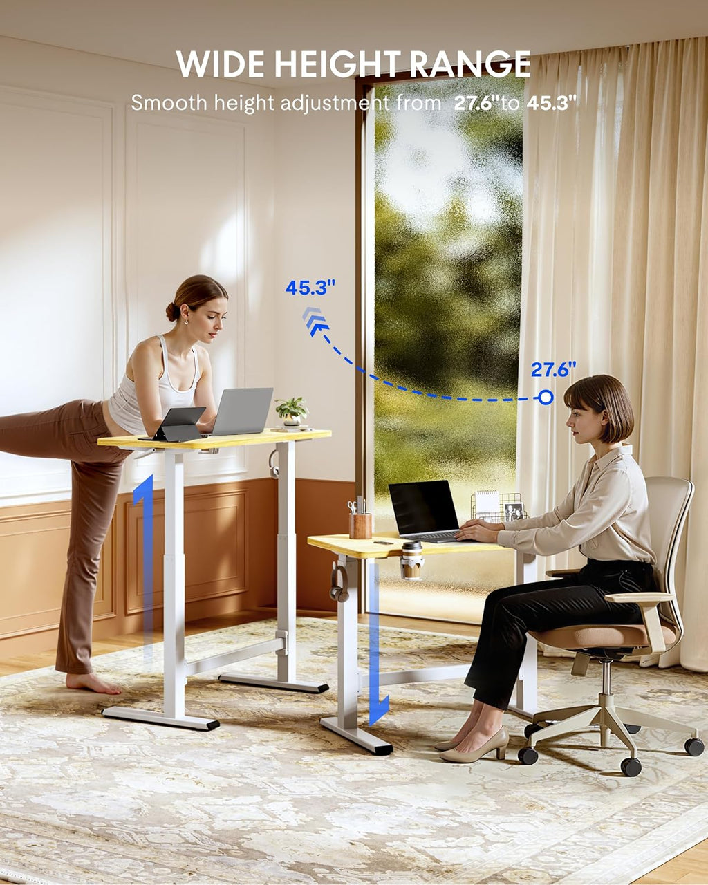 FLEXISPOT H7 Plus Gas Spring Adjustable Standing Desk, Mobile Rolling Sit-Stand Workstation with Wheel, Cordless Stand Up Desk for Small Room & Home Office 40' One-Piece Desktop Maple,height 27.6'–45'
