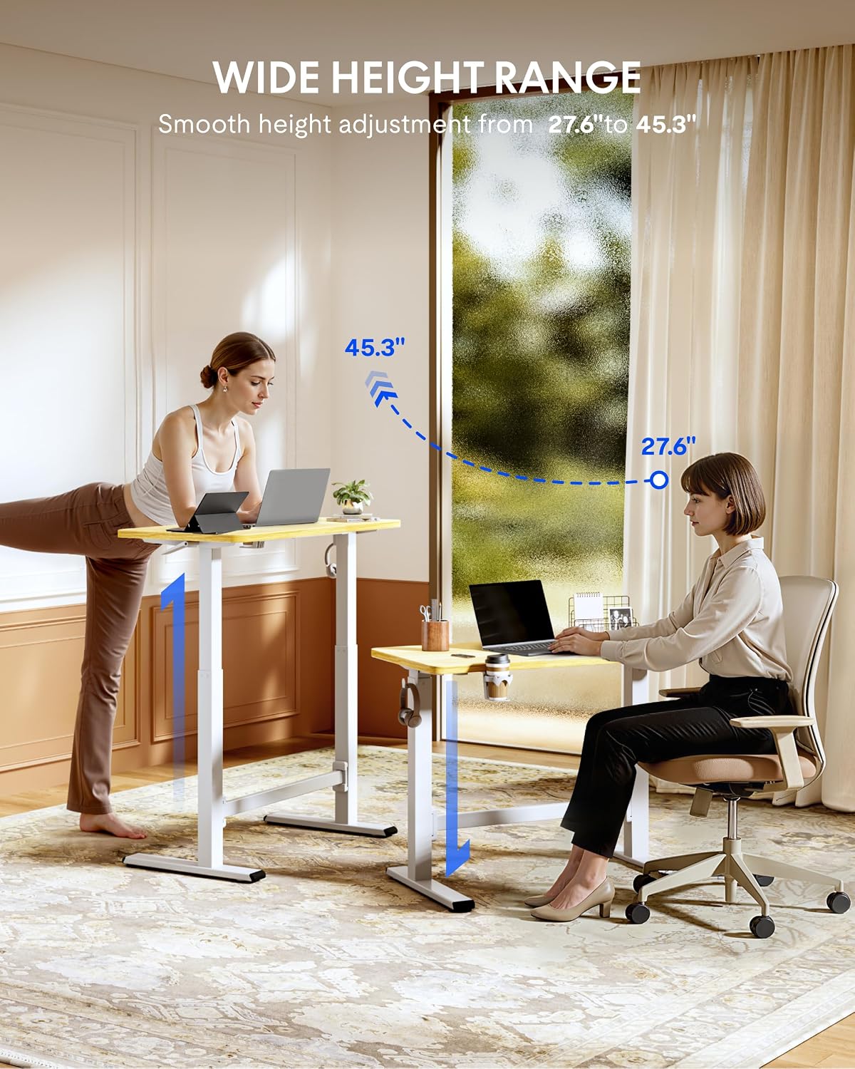 FLEXISPOT H7 Plus Gas Spring Adjustable Standing Desk, Mobile Rolling Sit-Stand Workstation with Wheel, Cordless Stand Up Desk for Small Room & Home Office 40' One-Piece Desktop Maple,height 27.6'–45'