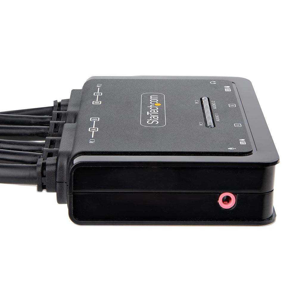 StarTech.com 2-Port Dual-Monitor HDMI Cable KVM Switch, 4K 60Hz, Compact KVM with 5ft/1.5m USB-A/HDMI/Audio Integrated Cables, Bus Powered, Remote/Hotkey Switching (C2-DH46-UA2-CBL-KVM)