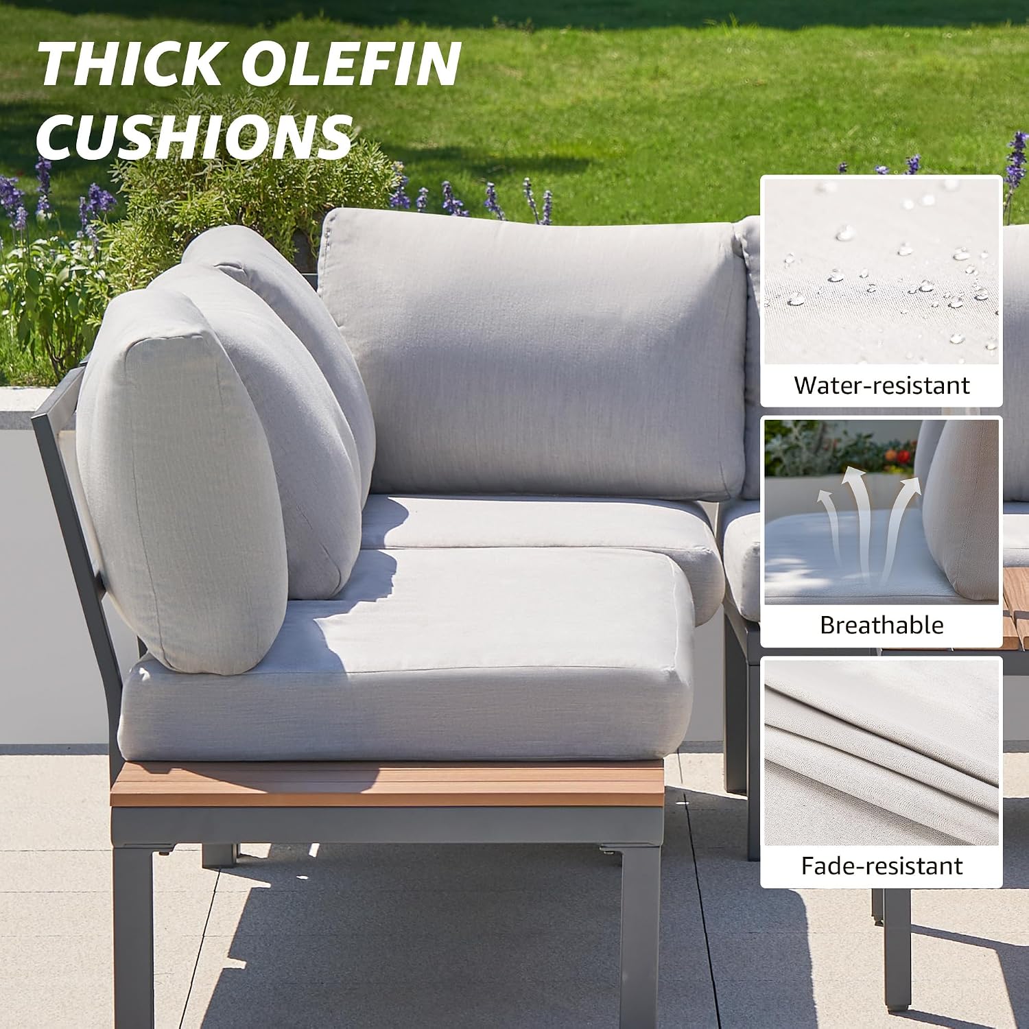 NATURAL EXPRESSIONS Patio Furniture Sets, L Shape Patio Sectional Metal Outdoor Sectional Corner Sofa Outdoor Couch with Detachable Backrest,3 Fauxwood Tables,5' Grey Olefin Cushions