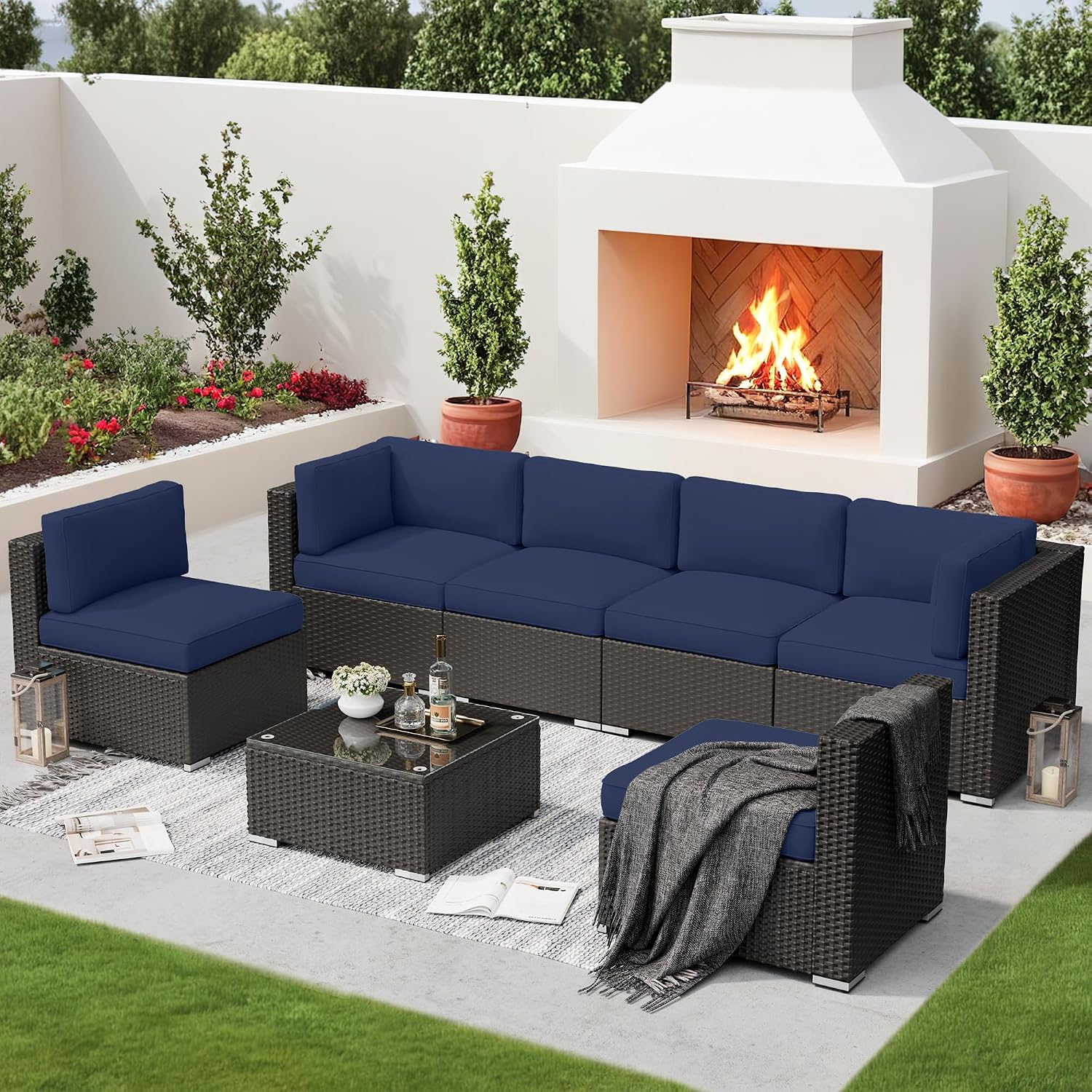 SUNCROWN 7-Piece Outdoor Patio Furniture Sofa Set All-Weather Black Wicker Sectional Cushioned Washable Seat Conversation Set with Modern Glass Coffee Table and Cushions, Backyard, Garden, Dark Blue